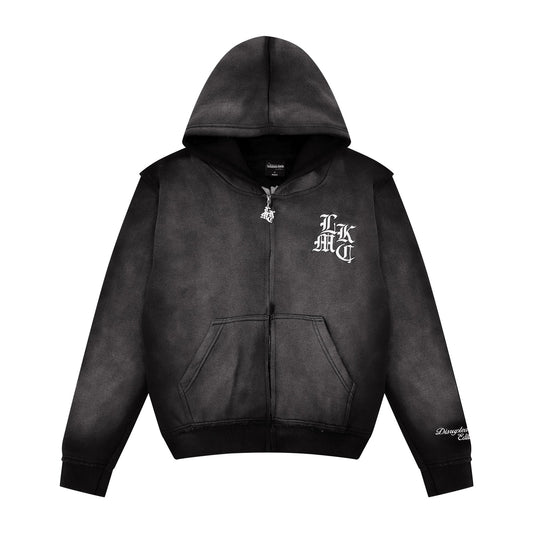 LUKAMACHAIN Distressed Zip Hoodie Dark Grey