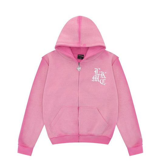 LUKAMACHAIN Distressed Zip Hoodie Pink