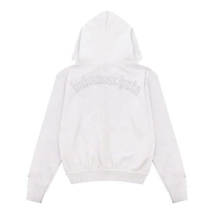 LUKAMACHAIN  Distressed Zip Hoodie White